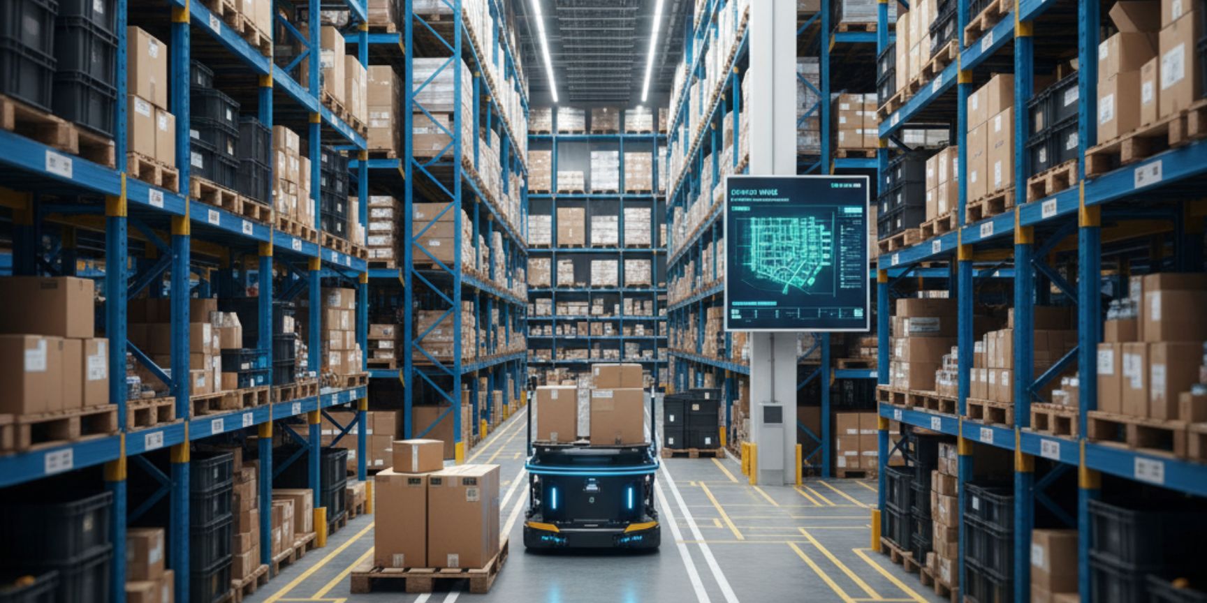 Modernes Hochregallager mit automatisiertem Flurförderfahrzeug in chaotischer Lagerhaltung, zeigt dichte, flexible Raumnutzung und effiziente Logistikprozesse.